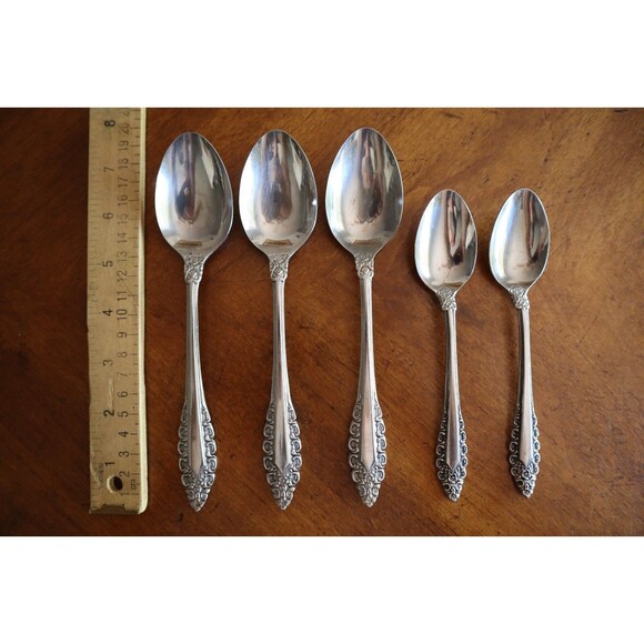 Orleans Silver Black Scroll Floral 5x Dinner Teaspoon Spoon Lot Stainless Japan - Picture 1 of 8